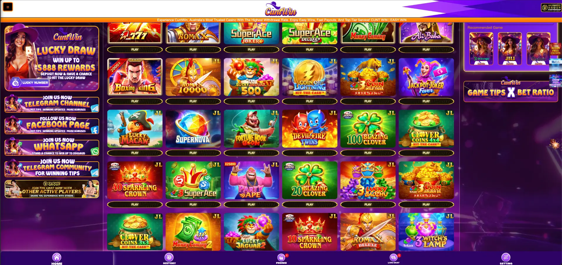 CuntWin mobile browser casino interface for Australian players